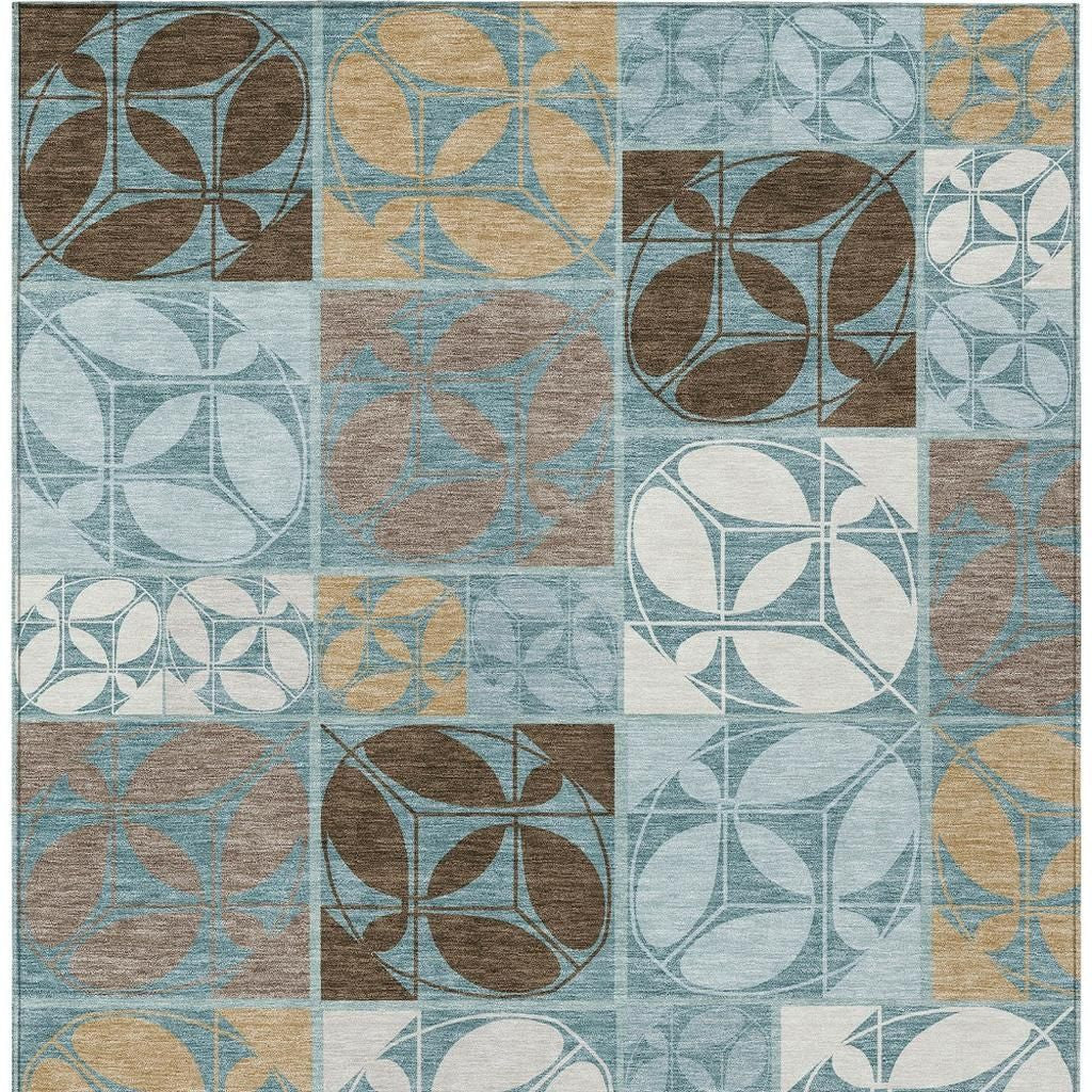 10' X 14' Teal Blue And Silver Geometric Washable Indoor Outdoor Area Rug - Sports & Outdoor