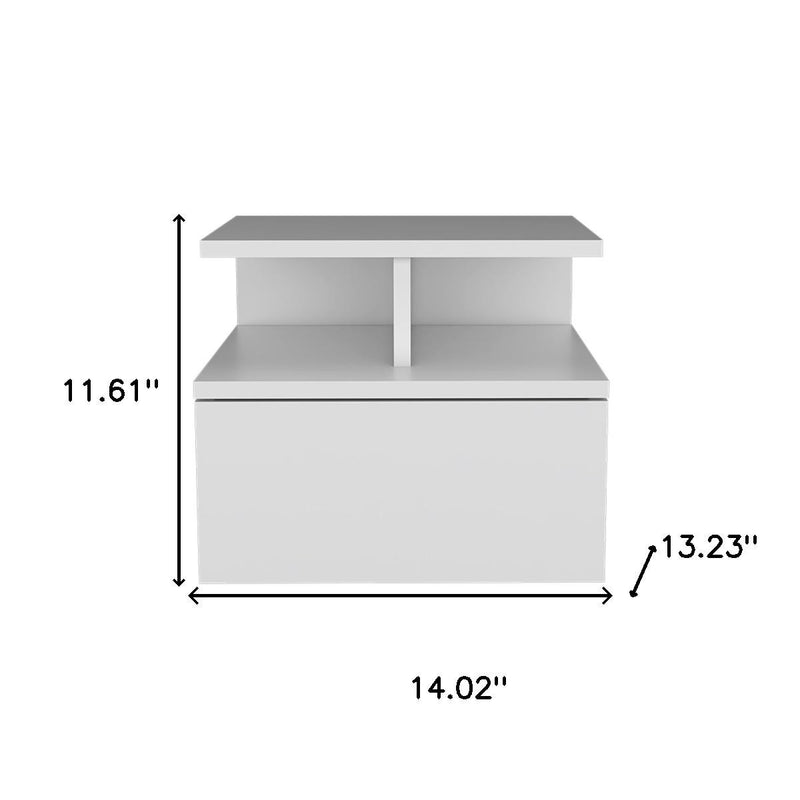 White floating nightstand with shelf and drawer; dimensions shown