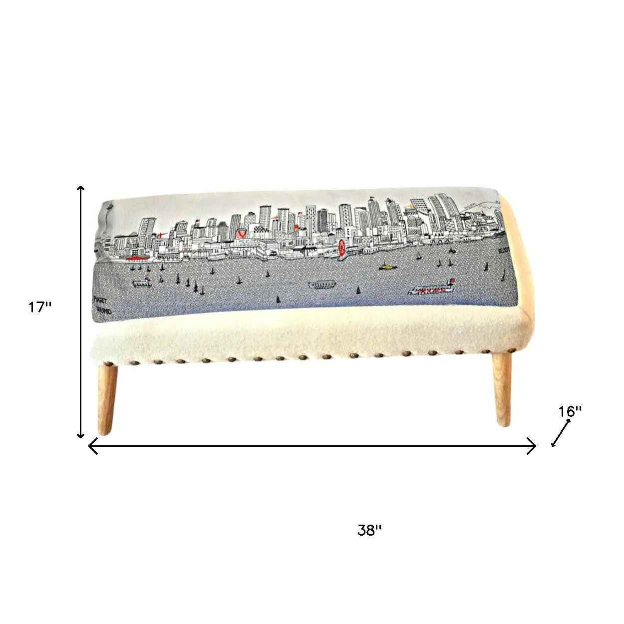 38" Cream Wool and Brown Ottoman