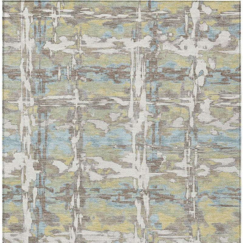 Abstract rug with ivory, blue, and green vertical brushstroke pattern and distressed weave