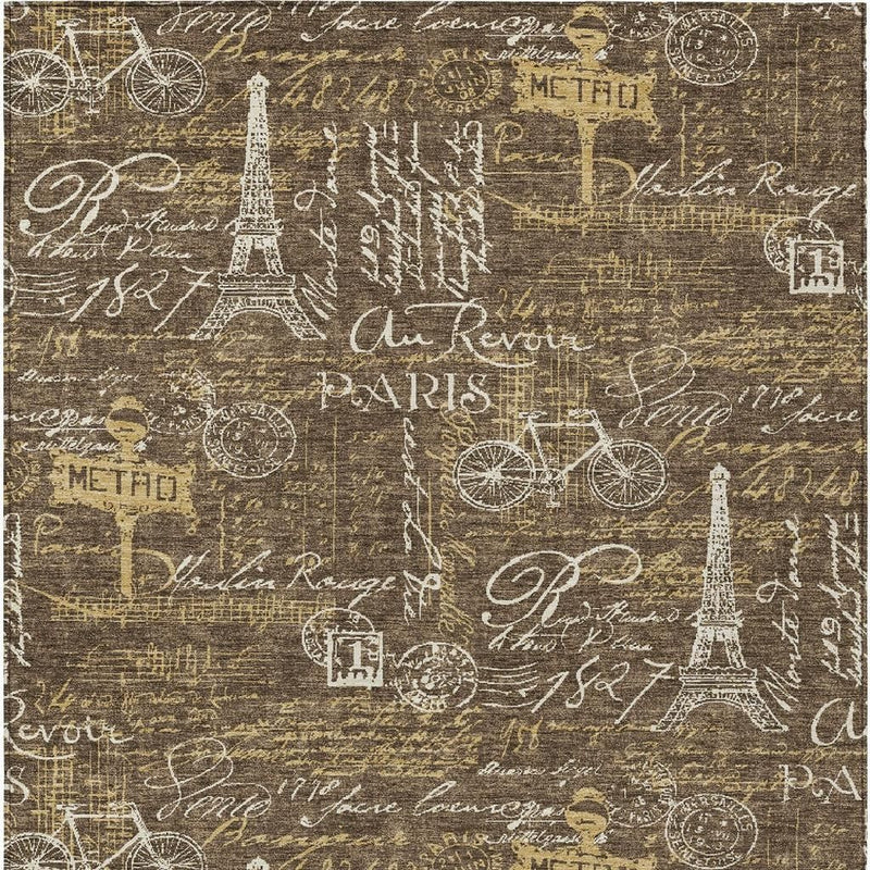 Southwestern area rug, dark brown with white Eiffel Tower, bicycle, and Paris script pattern