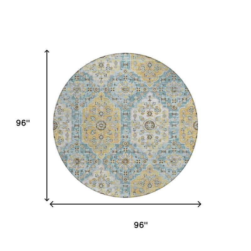 Round damask area rug, blue and gold pattern; 96 in diameter