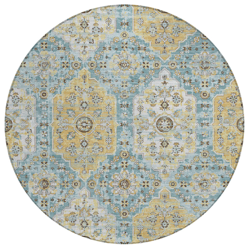Round damask area rug with teal blue, cream, and gold tile-like ornament