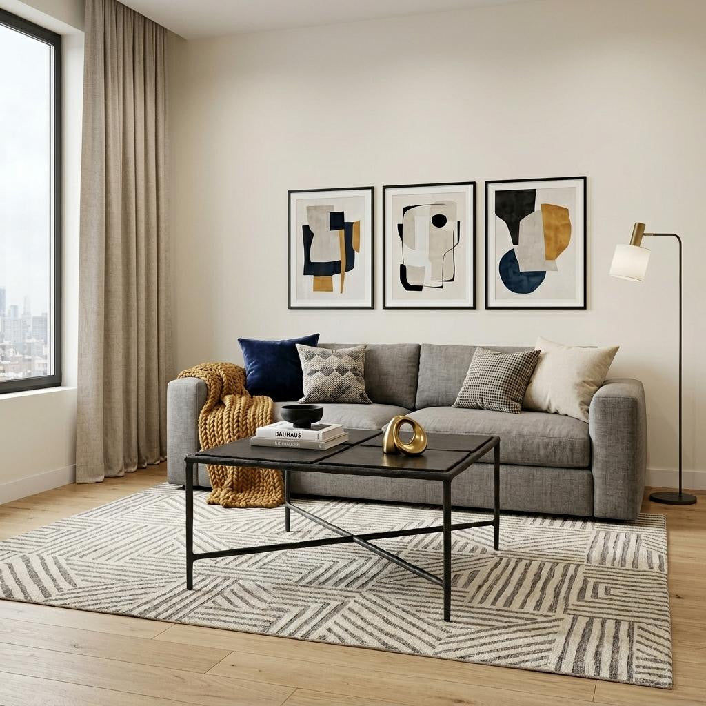 Black square glass coffee table with aluminum frame in living room, 31 in