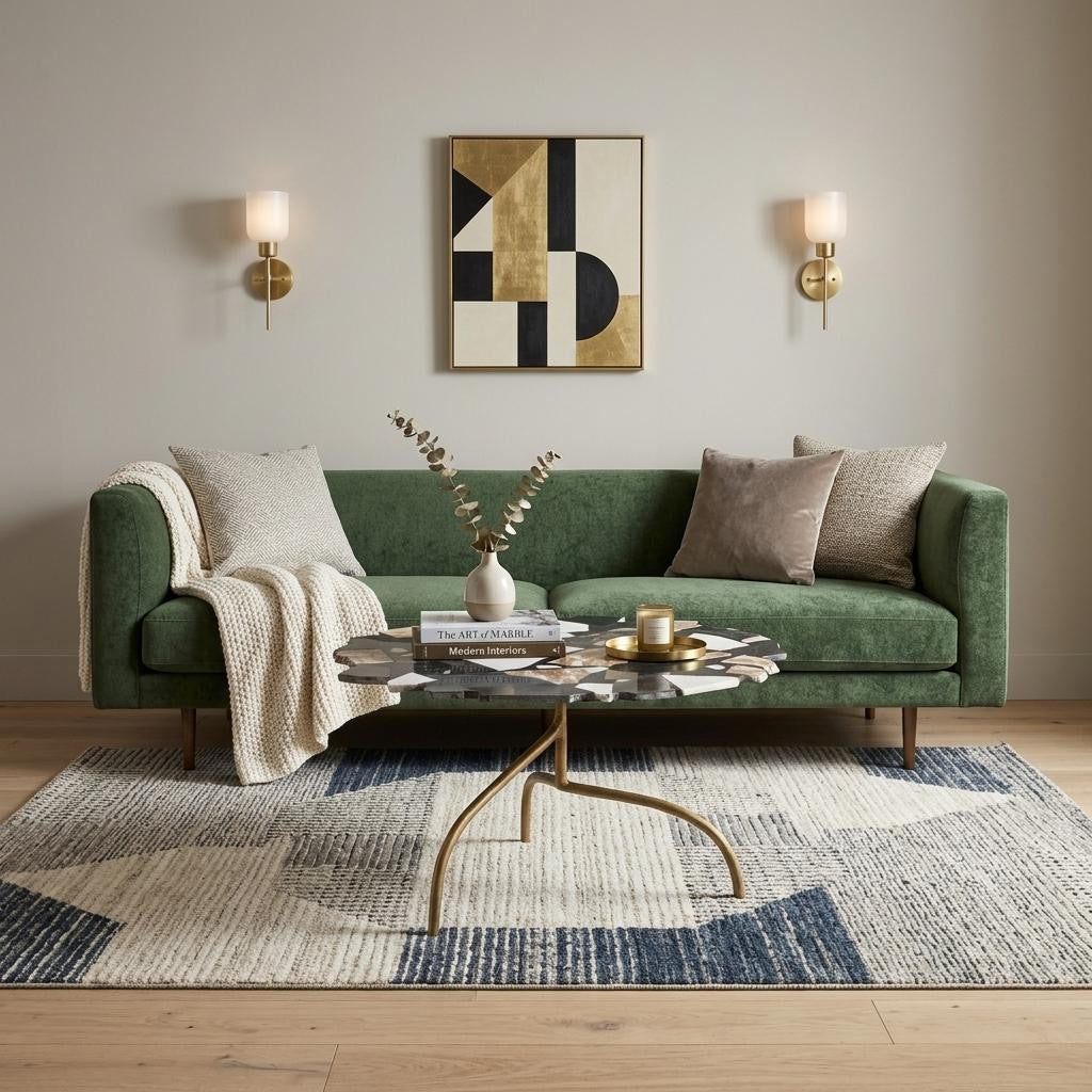 Terrazzo coffee table with black, white, and gold mosaic top on an iron pedestal base