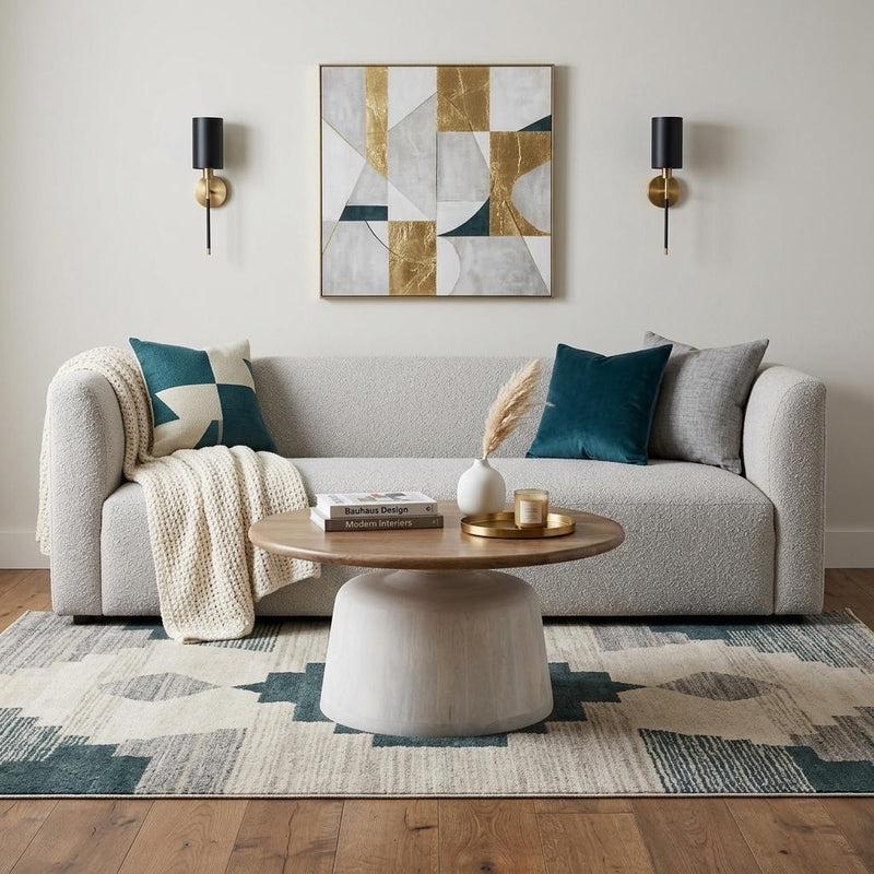 Round pedestal coffee table with brown wood top and white base in living room