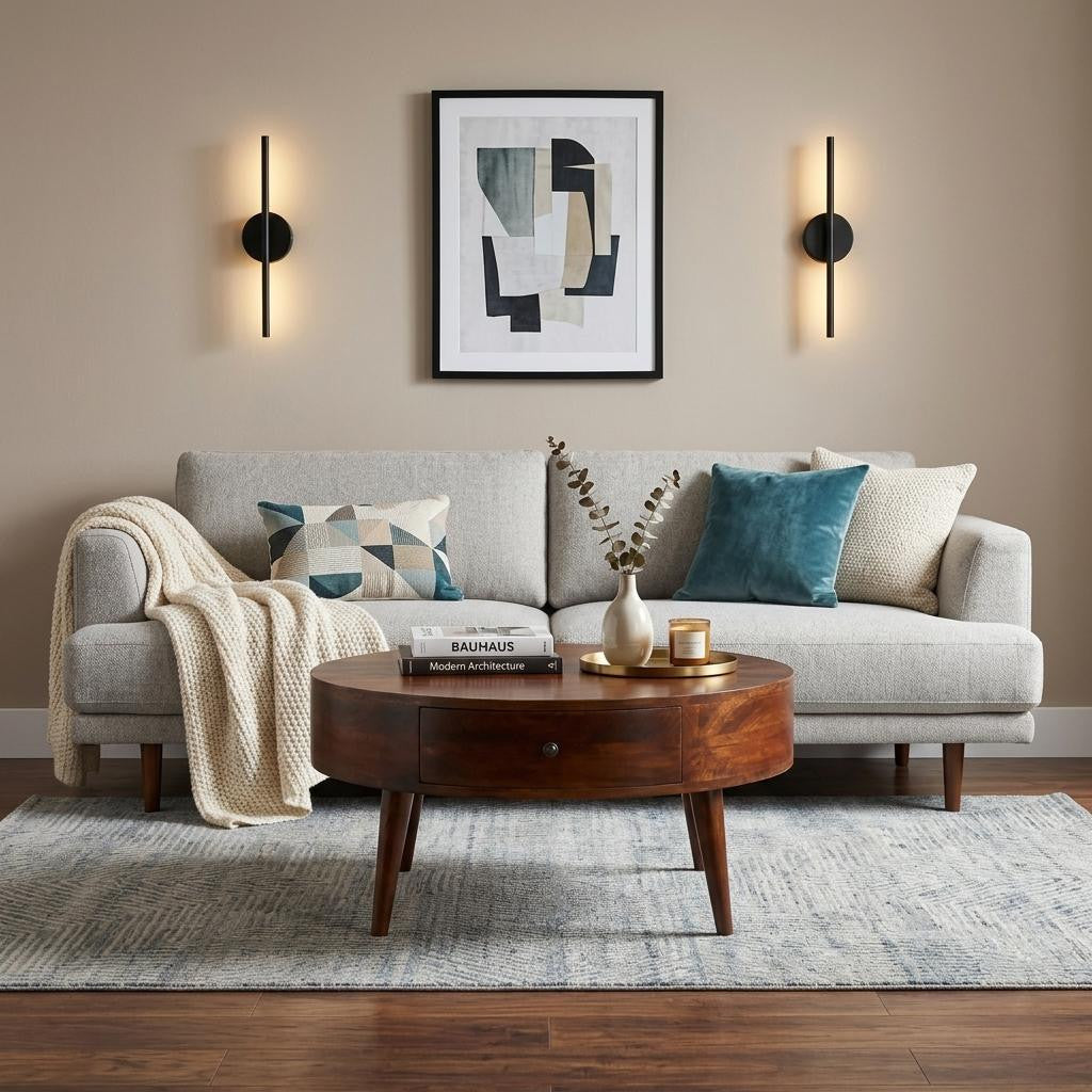 Round chestnut wood coffee table with front drawer and round metal knob