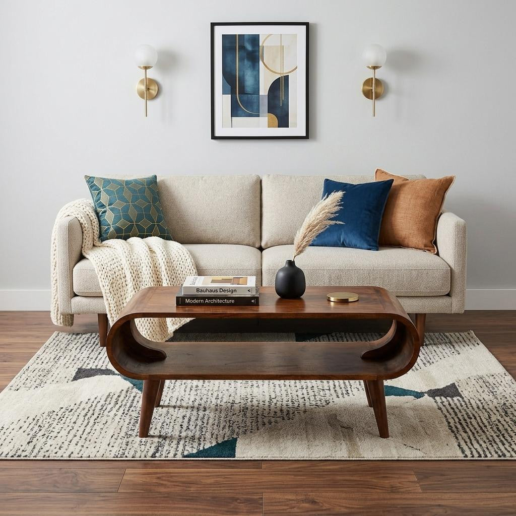 Chestnut wood coffee table centered on living room rug, featuring oval cutout base.