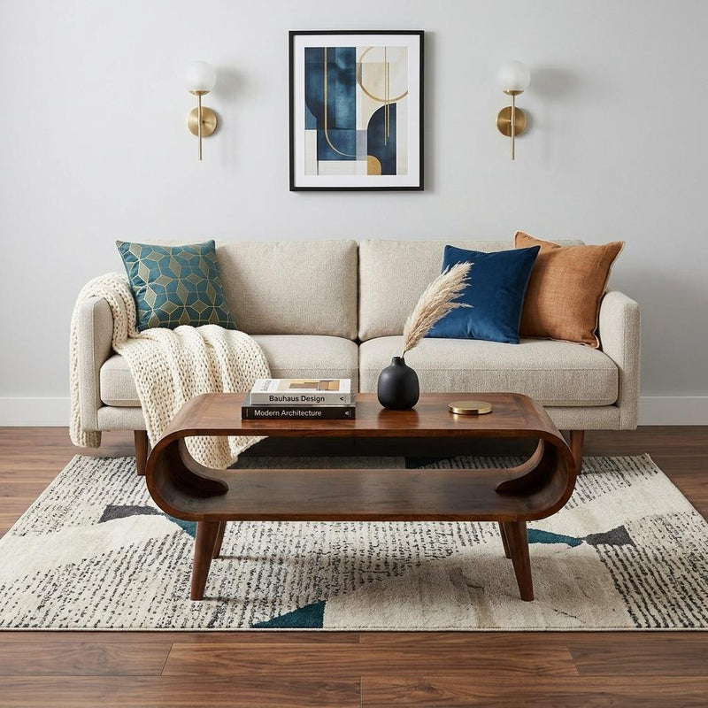 Chestnut wood coffee table centered on living room rug, featuring oval cutout base.