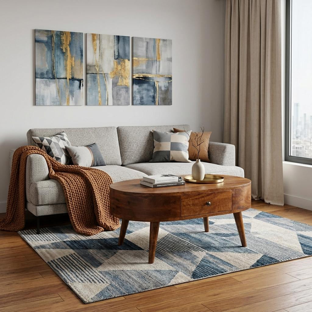 Chestnut oval wooden coffee table with two drawers and curved legs