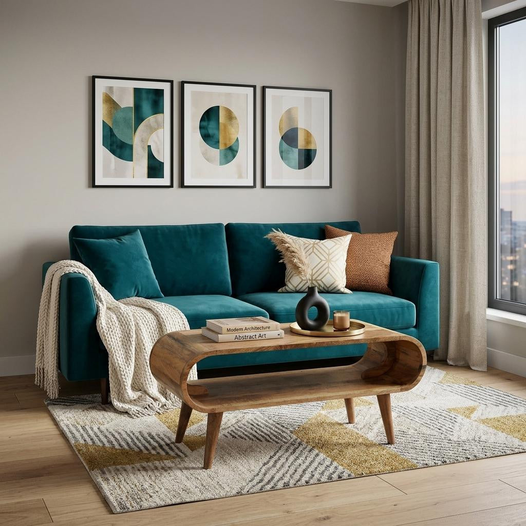 Solid oak coffee table with rounded edges, oval cutout, and tapered legs