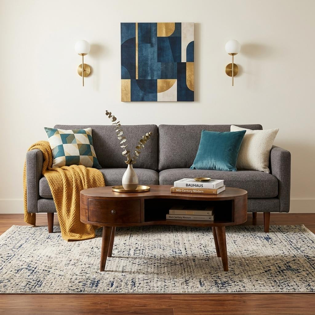 Chestnut wood oval coffee table with drawer and tapered legs