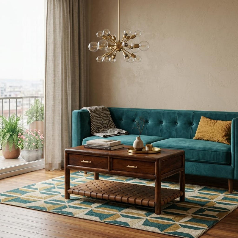 Brown wood coffee table with two drawers and woven shelf in living room setting