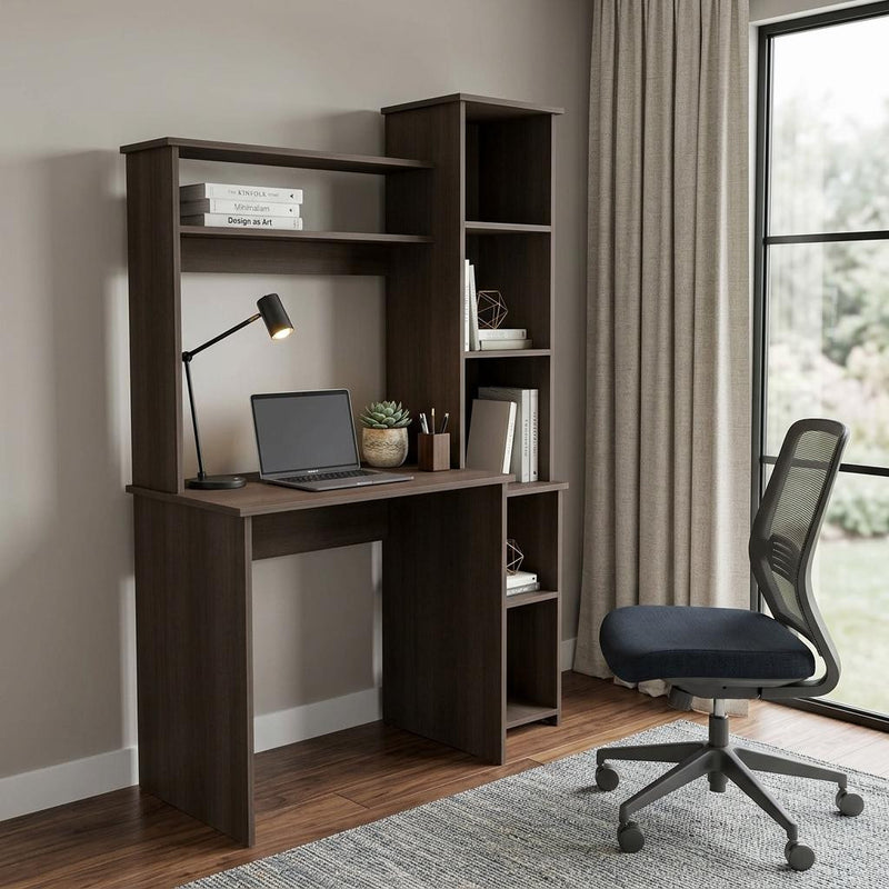 39" Charcoal Wood Pedestal Computer Desk With Hutch - Office