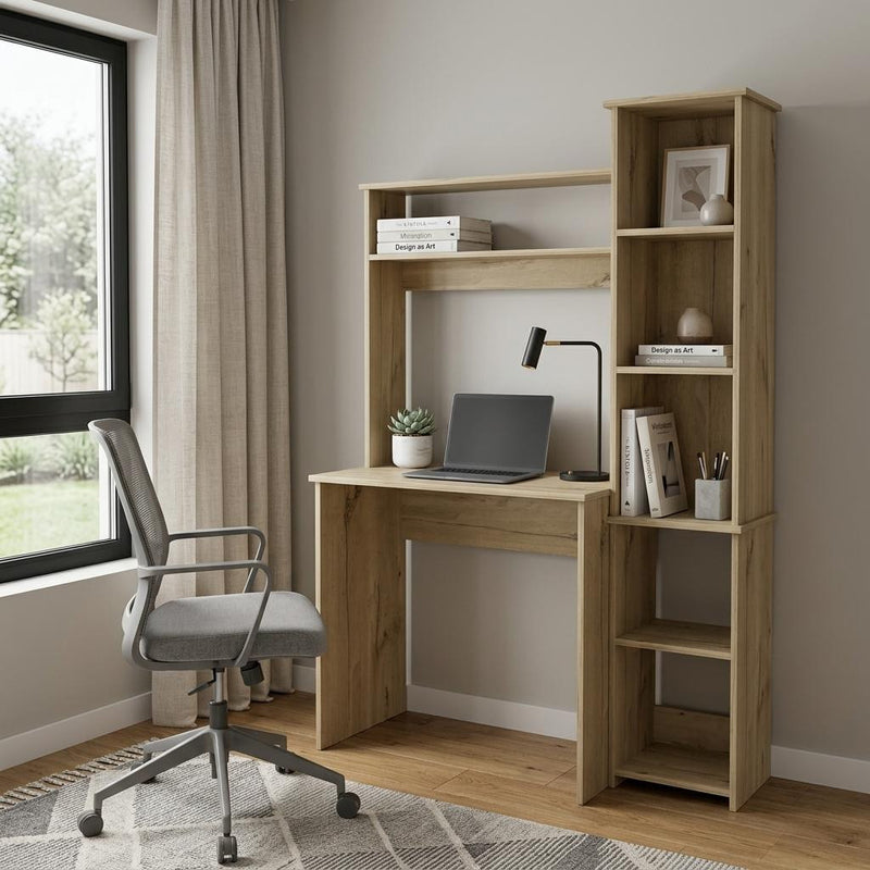 39" Oak Wood Computer Desk With Hutch and Bookshelf Set - Office
