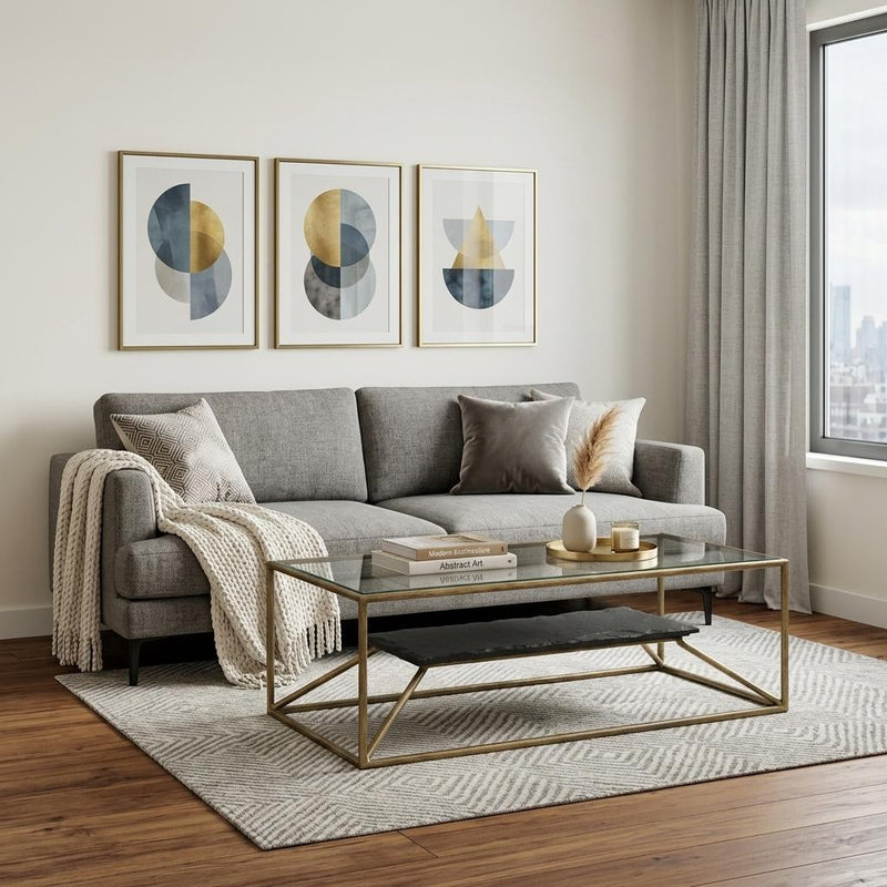 Clear glass coffee table with black slate tray on brass-finished iron frame