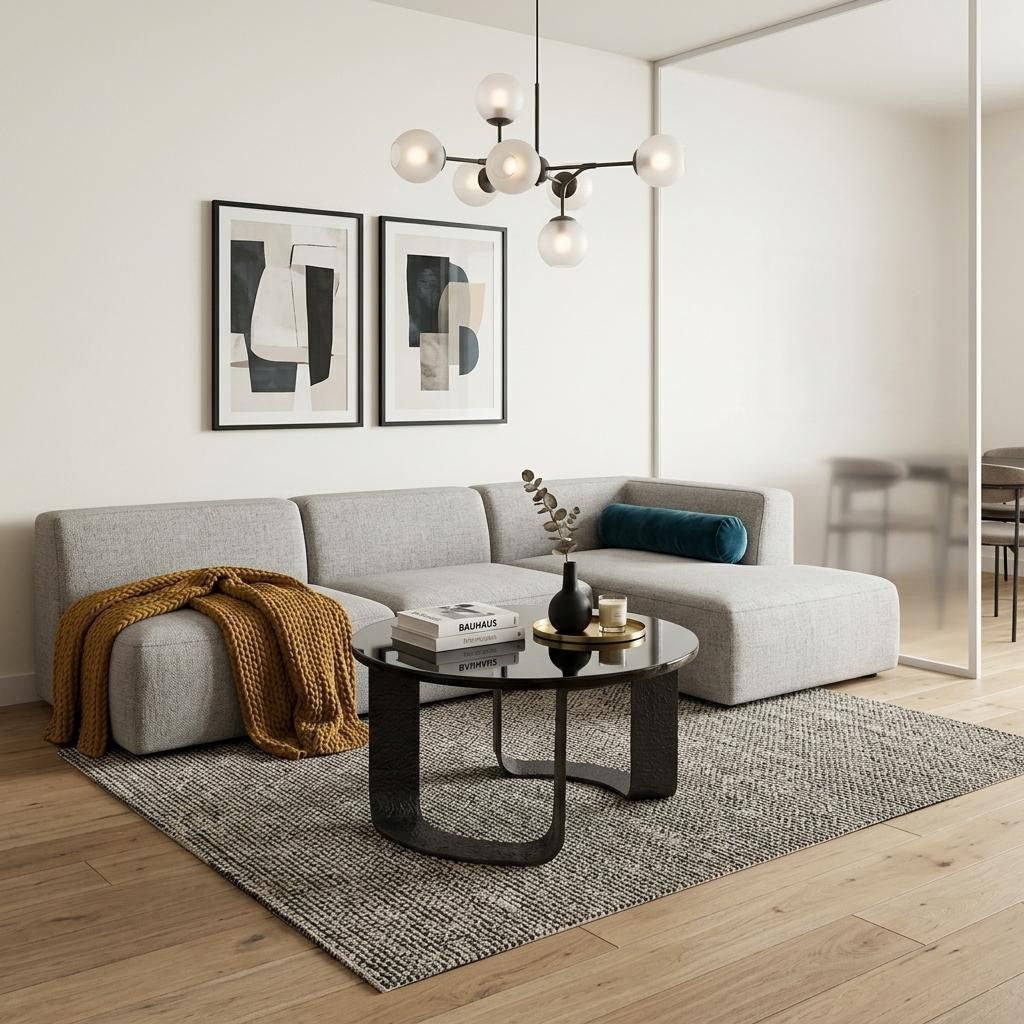 Black round coffee table with pedestal base in a modern living room setting