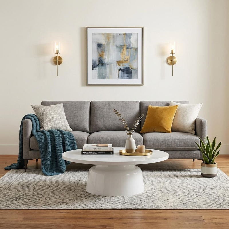White faux marble and wood round pedestal coffee table with smooth pedestal base