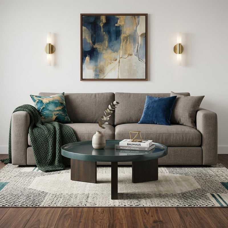 Round coffee table with dark green top and oak wood base in living room