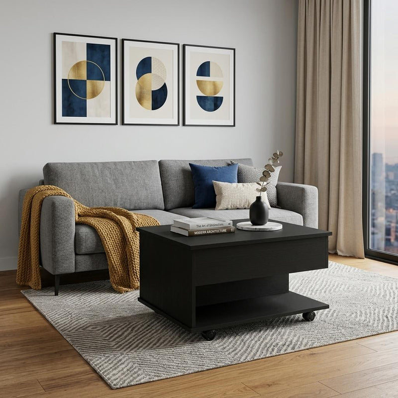 Charcoal wood lift-top coffee table with lift top over open storage, on wheels