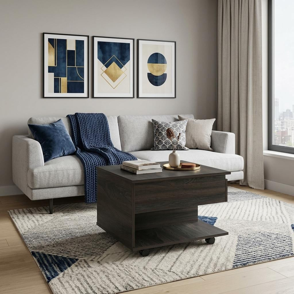 Dark espresso lift-top coffee table with open storage shelf and casters