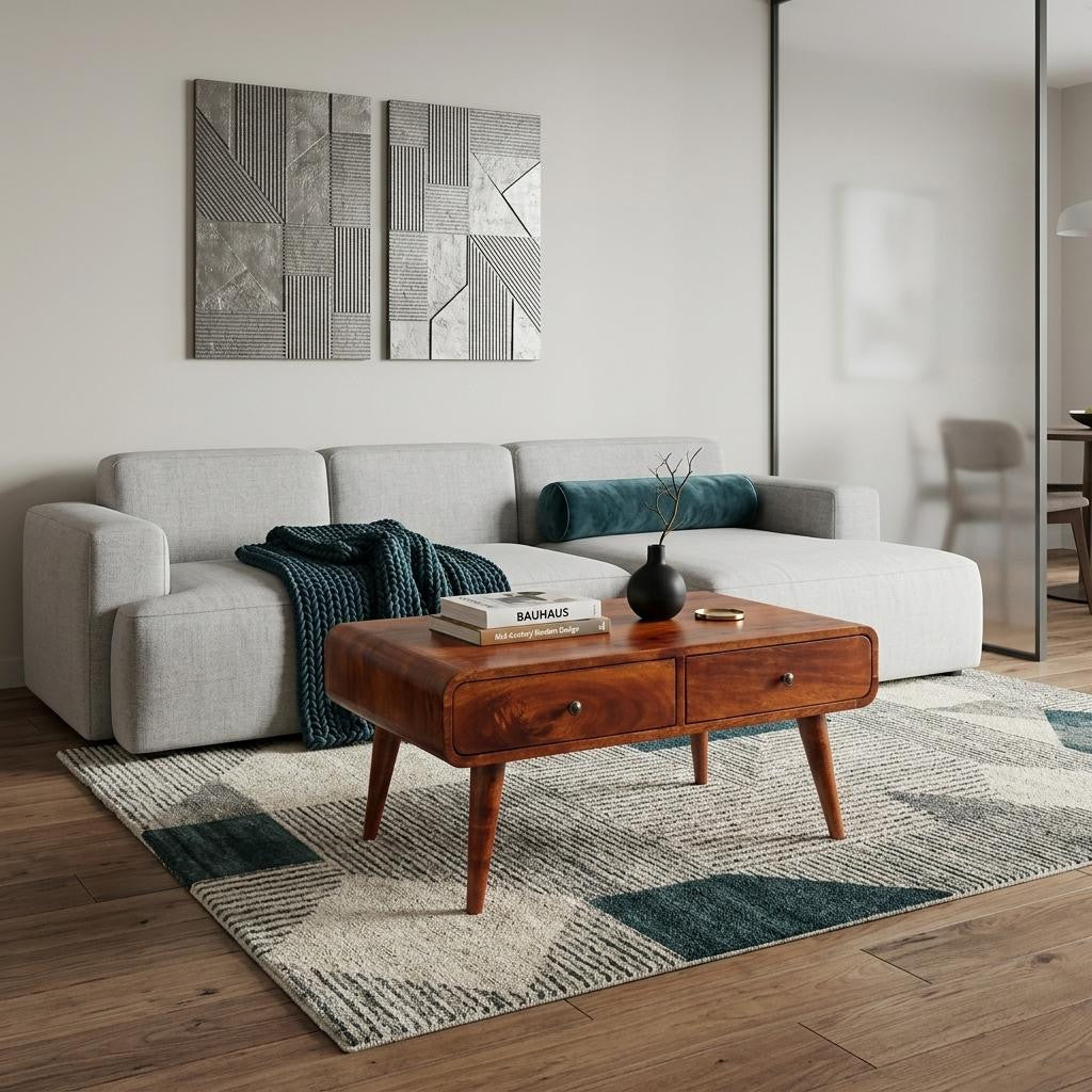 Chestnut wood coffee table with front drawer and turned legs