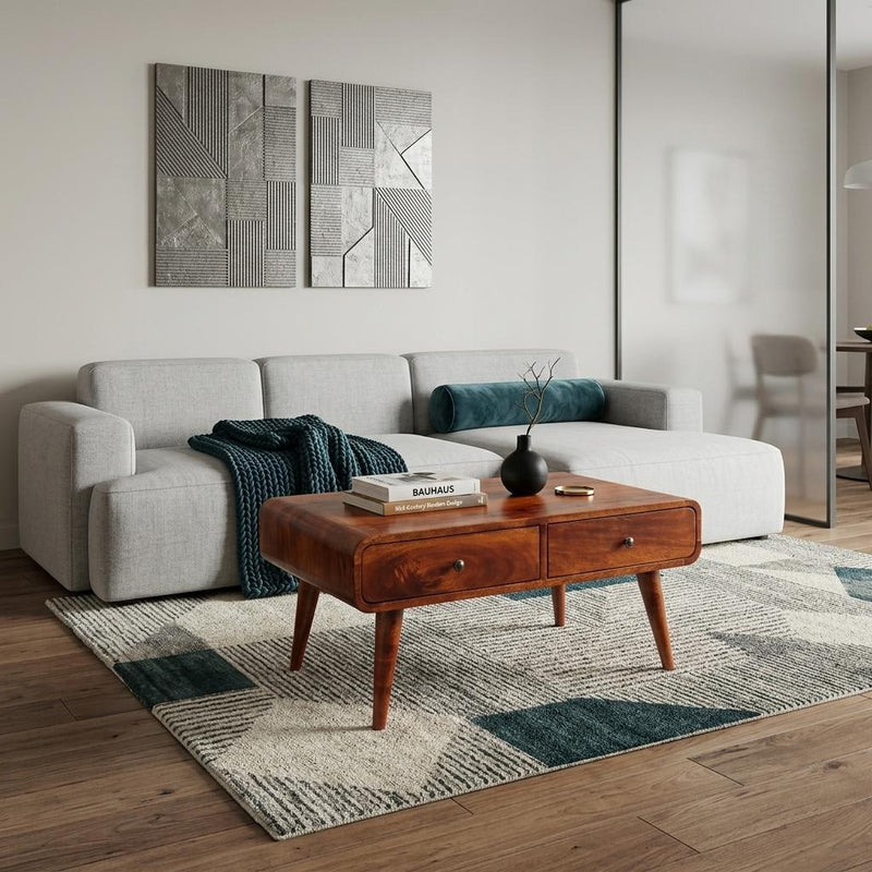 Chestnut wood coffee table with front drawer and turned legs