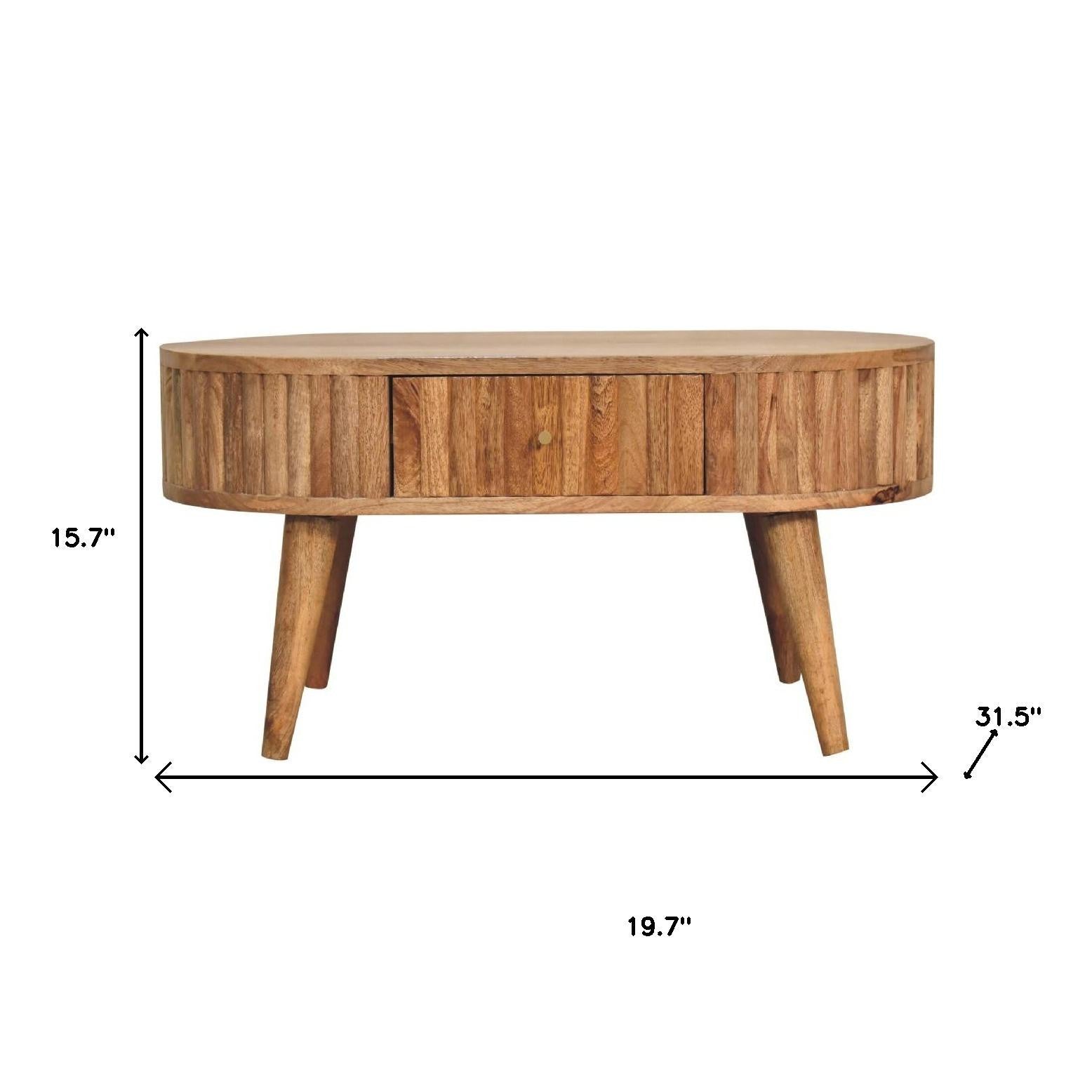 Oval solid wood coffee table with drawer panel and tapered legs, 19.7 in wide