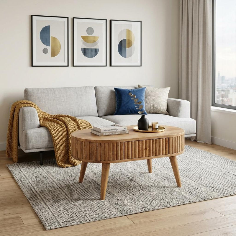 Oval solid wood coffee table with two drawers and rounded top