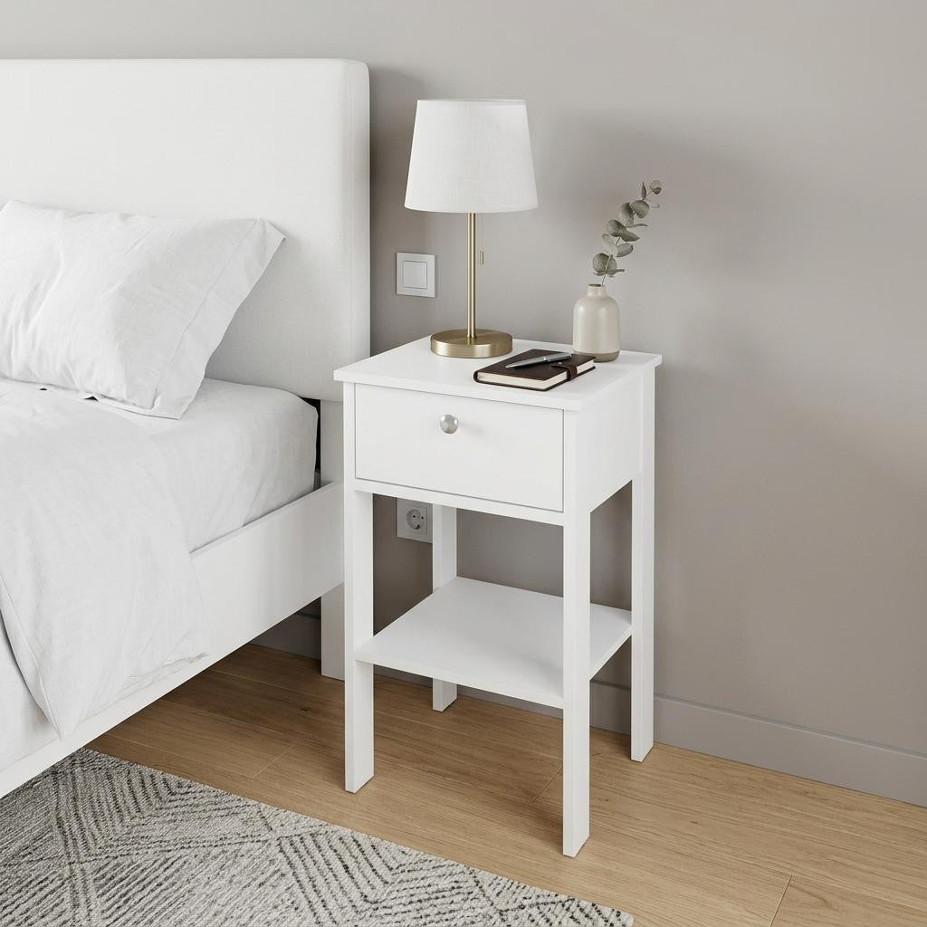 White wood nightstand with one drawer, open shelf, and round silver knob