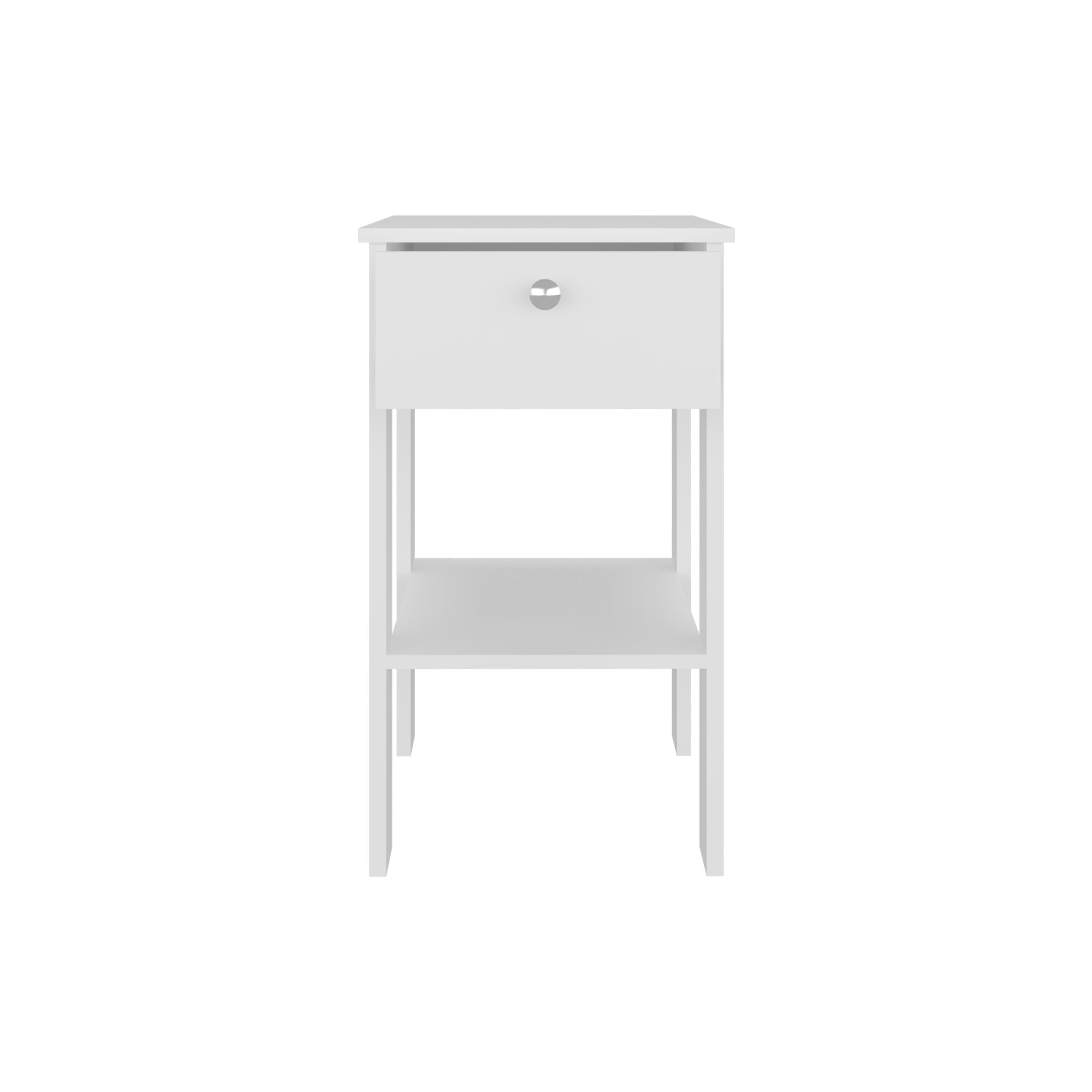 White one-drawer nightstand with open lower shelf and round silver pull