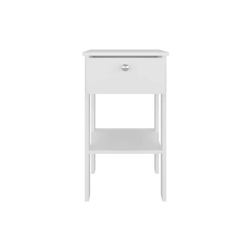 White one-drawer nightstand with open lower shelf and round silver pull