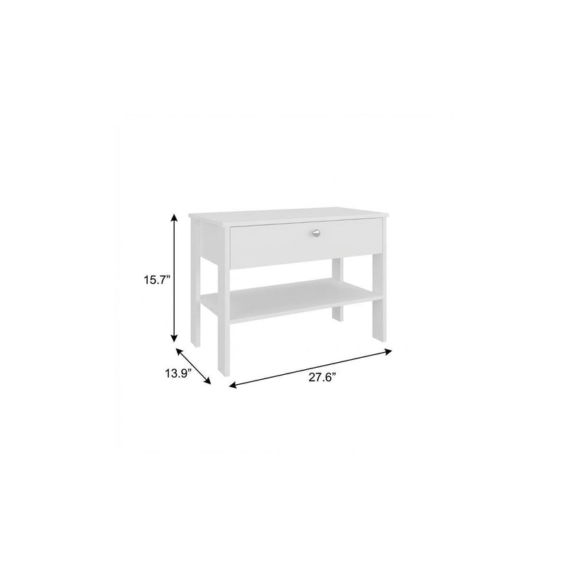 White one-drawer nightstand with open shelf shown with size measurement arrows