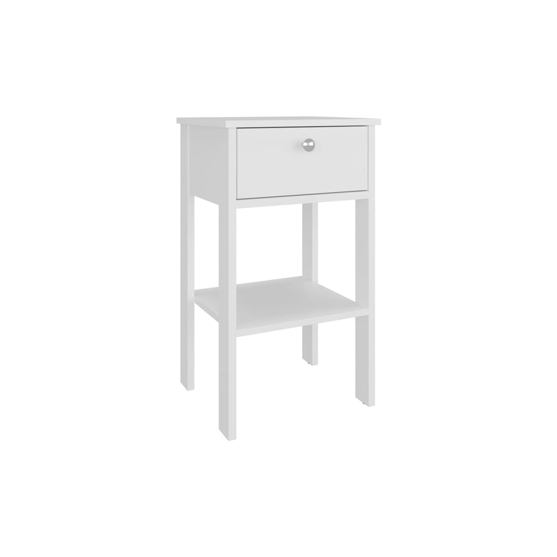 White nightstand with one drawer, open shelf, smooth top, and tapered legs