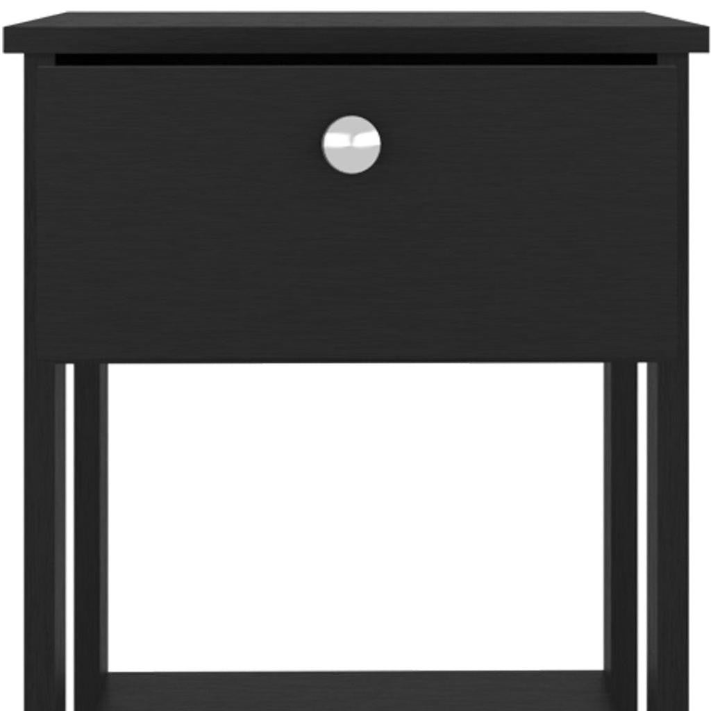 Black one-drawer wood nightstand with round silver knob and open bottom shelf