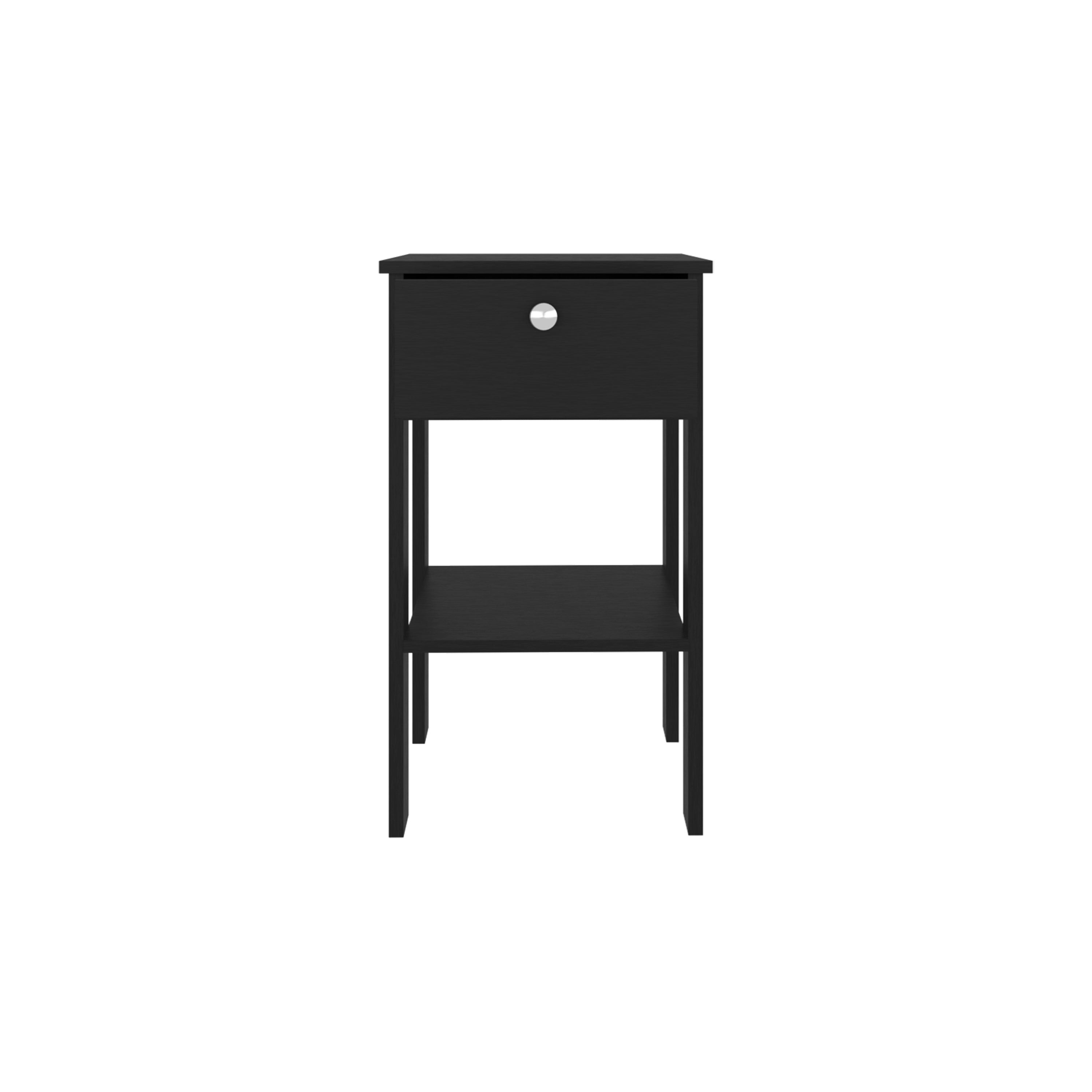 Black one-drawer nightstand with open bottom shelf and round silver knob