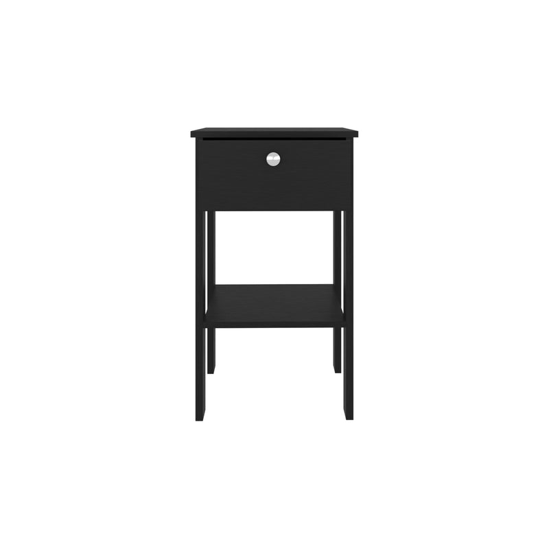 Black one-drawer nightstand with open bottom shelf and round silver knob