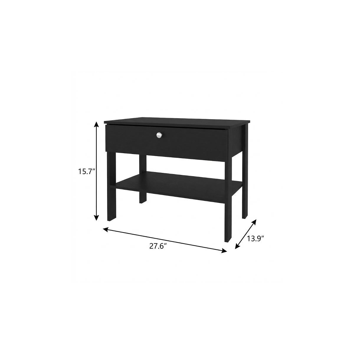 Black one-drawer nightstand with open shelf, slim legs, and round drawer pull