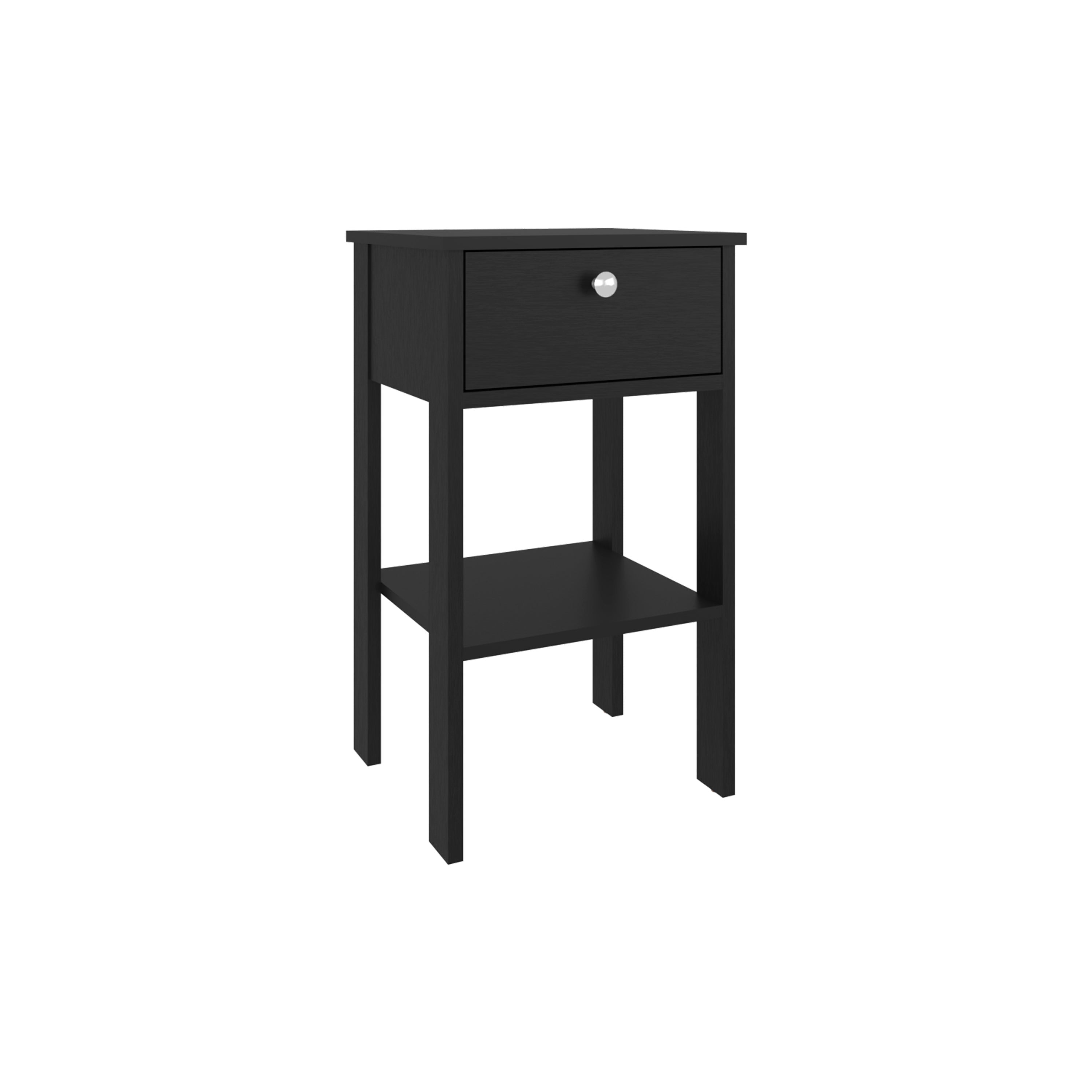 Black wood nightstand with one drawer and open cubby shelf, round silver knob