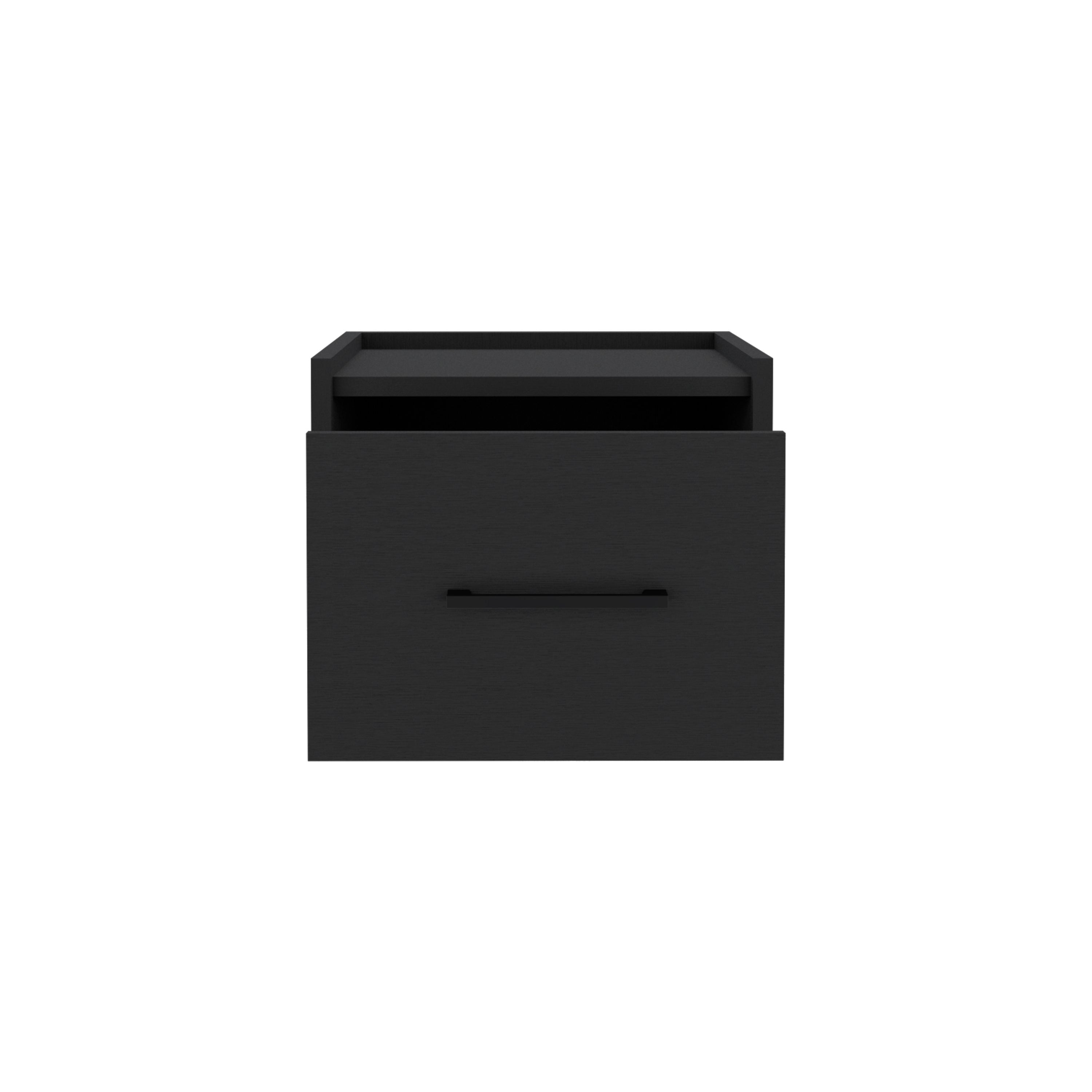 Black wood nightstand front with one drawer and horizontal bar pull