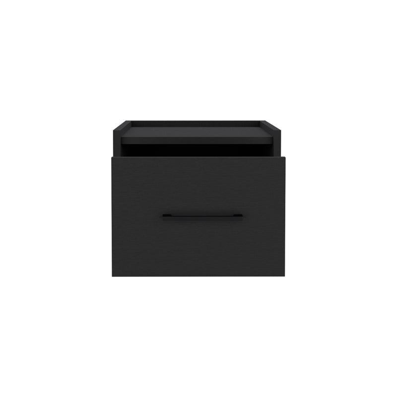 Black wood nightstand front with one drawer and horizontal bar pull