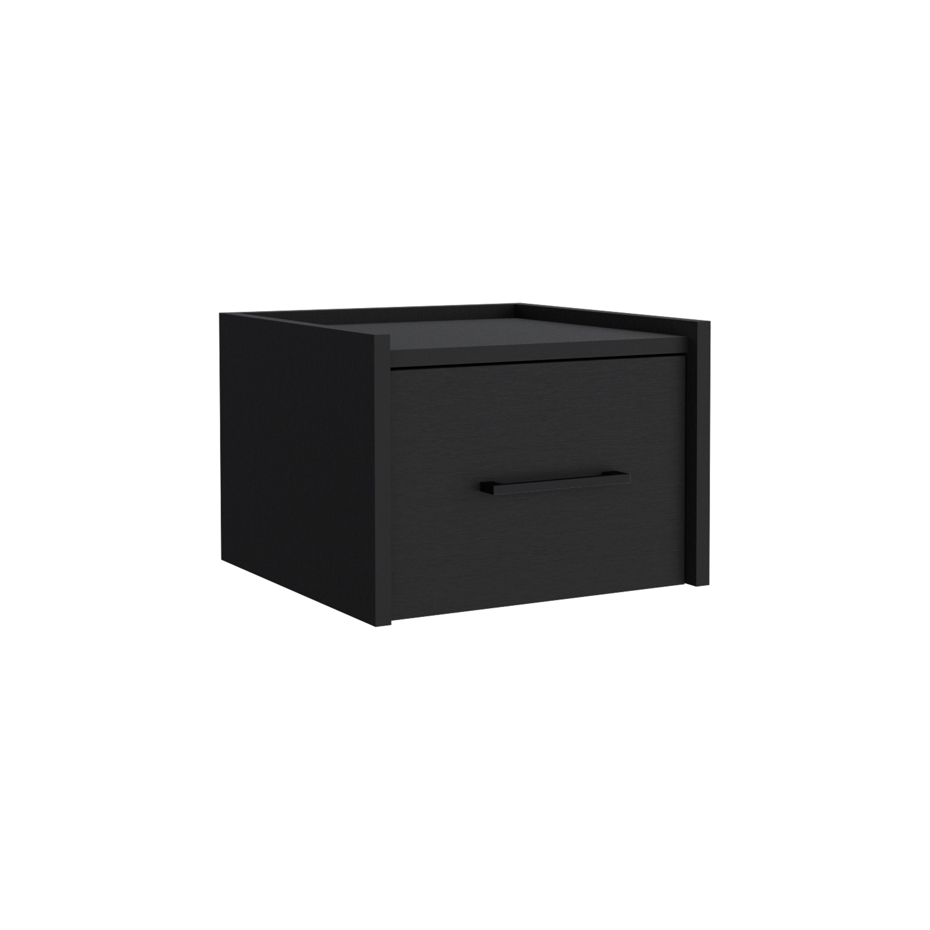 Black nightstand corner view with one drawer and centered bar pull