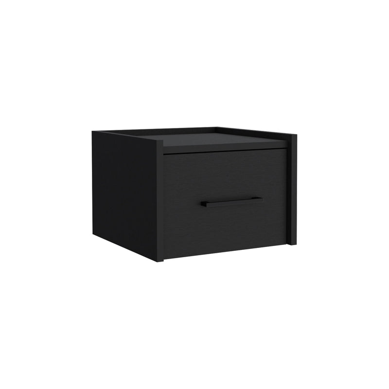 Black nightstand corner view with one drawer and centered bar pull