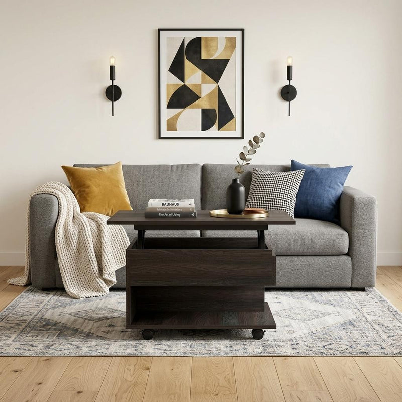 Lift-top coffee table with dark brown wood finish and caster wheels, open shelf