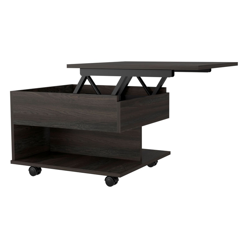 Dark brown lift-top coffee table with caster wheels and two-tier open storage
