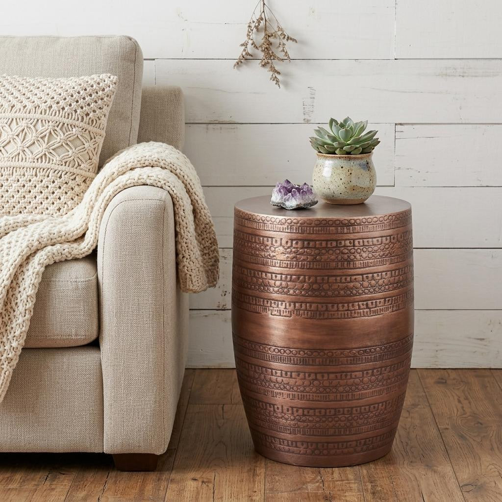 20" Textured Copper Distressed Iron Round Drum End Table - Living Room