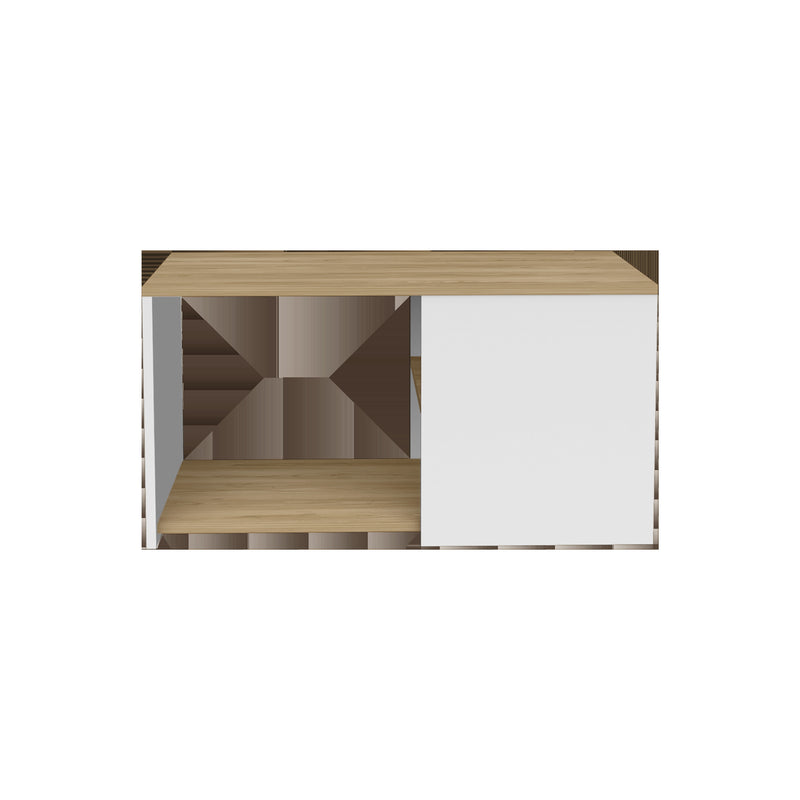 Coffee table with natural wood top, white side cabinet, and two-tier open shelf storage