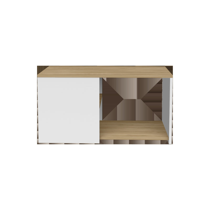 Natural wood and white coffee table with open shelf center and two side cabinet doors