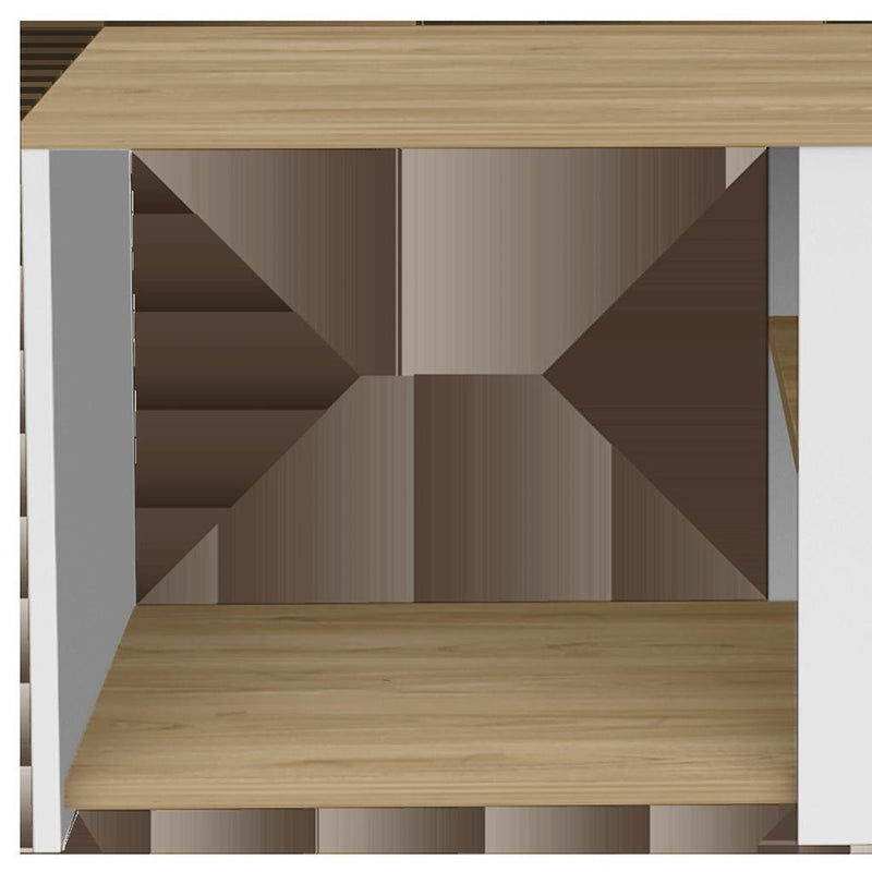 Coffee table interior with two-tone shelves, white panels, and geometric divider back