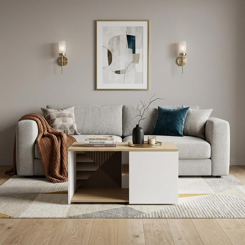 Natural wood and white coffee table with two shelves in a living room setting